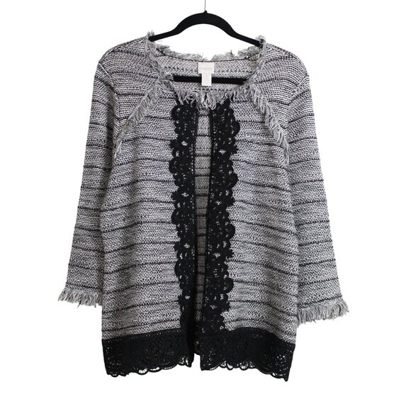 Chico’s Grey Black Lace Fringes Open Front Sweater - Picture 1 of 16